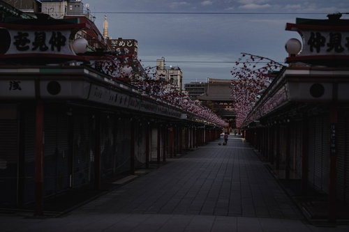 早朝の仲見世通り、シャッターが閉まった石畳の商店街