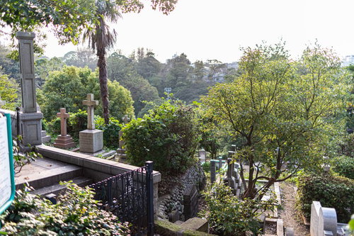 木々が茂る横浜外国人墓地の歴史ある墓所と秋の風景