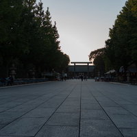 靖国神社の参道に立つ第二鳥居と下乗札の風景の写真