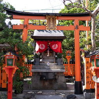 石段の上に建つ辰巳大明神の朱色の鳥居と祠の写真