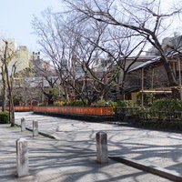 白川沿いの石畳に伸びる冬の影（祇園・京都）の写真