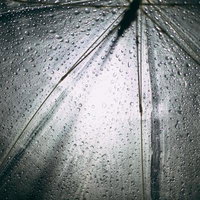 雨が強く降る夜のビニール傘に打つ雨粒と街灯の写真