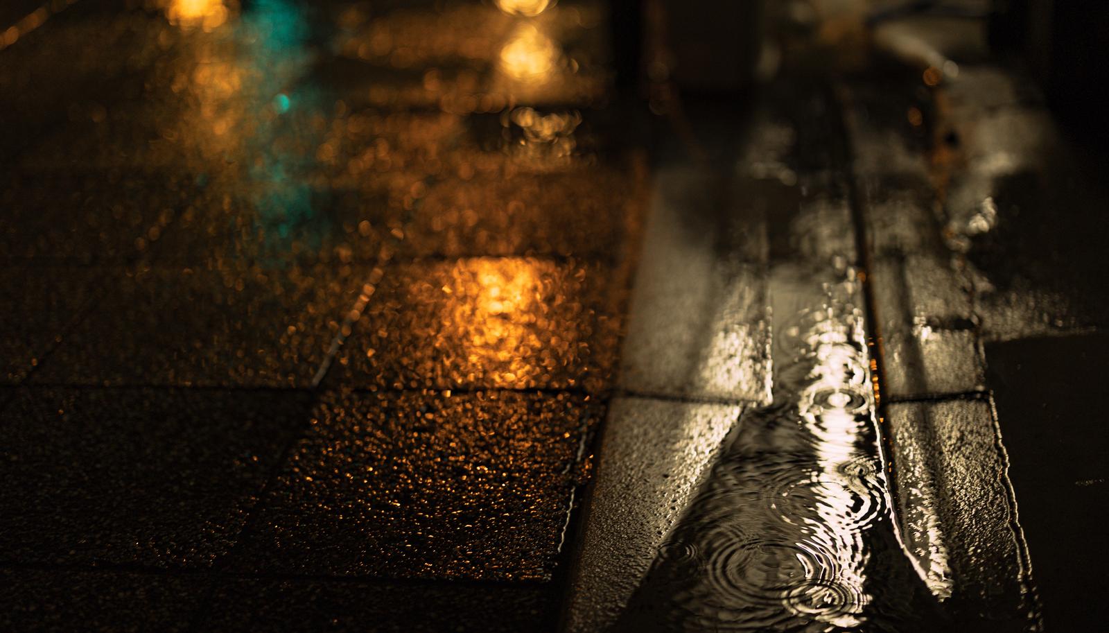 雨の夜の石畳と水たまり