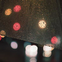 傘の雨粒と夜間の街灯の丸ボケ。雨の夜の車窓から見た水滴と光の情景の写真