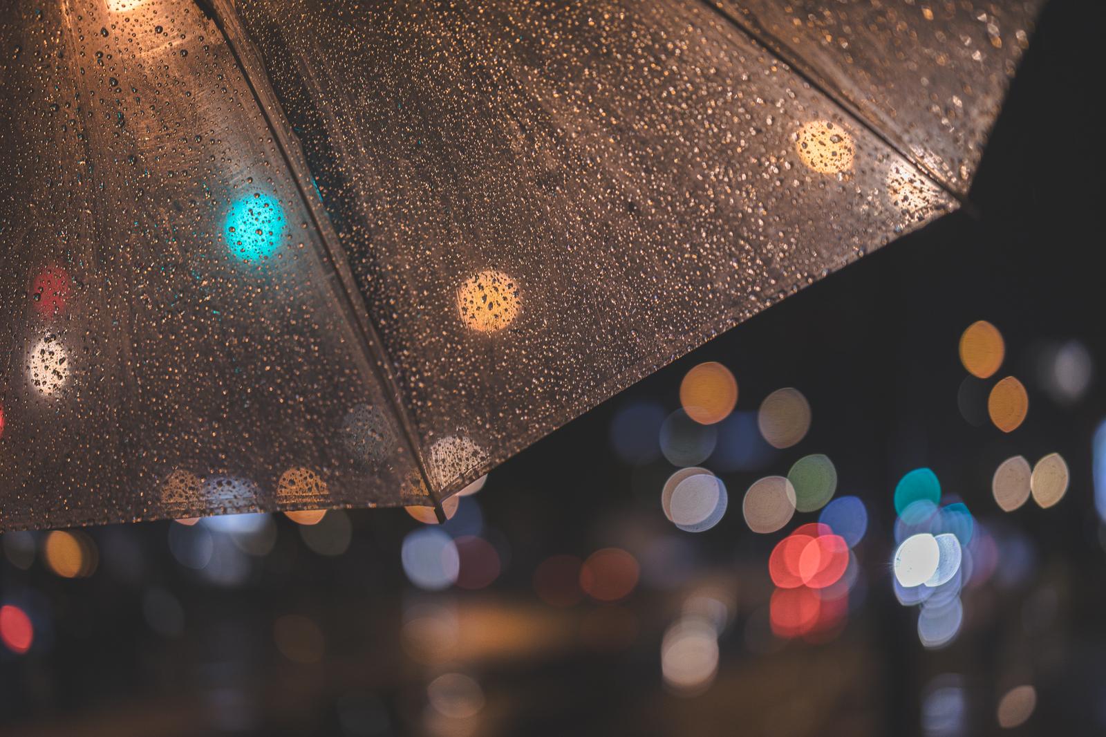 傘の表面を覆う雨粒の奥に、赤や青にぼけた街灯の光が玉ボケとして浮かぶ