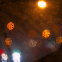 傘越しに見える夜間の街灯と雨粒の写真