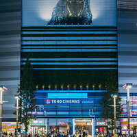 新宿歌舞伎町シネシティ広場のゴジラと夜間の人混みの写真