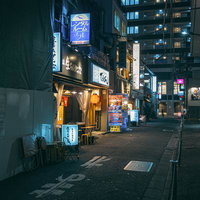 新橋桜田公園近くの路地裏の夜景：居酒屋とネオン看板が灯る繁華街の写真