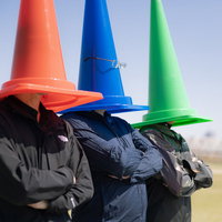 意識の高い三角コーン（青・赤・緑）の写真