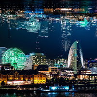 横浜みなとみらいの夜景にデジタルアートを重ねたフォトモンタージュの写真