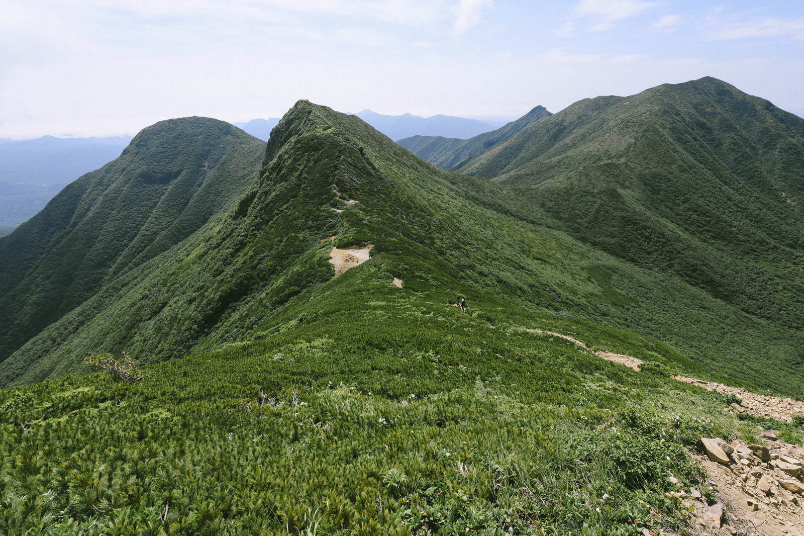 緑の山々が連なる斜里岳の稜線と登山道