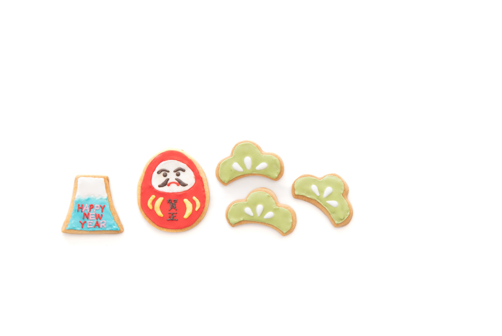賀正だるまと黄緑色のハッピーニューイヤー文字のアイシングクッキー