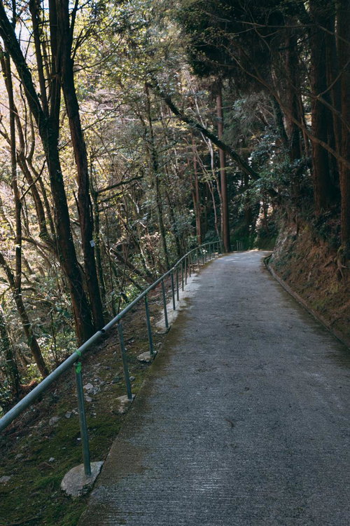 備中鐘乳穴に向かう山道の坂道を歩く観光客向けハイキングルート