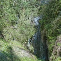 岡山県真庭市の備中鍾乳穴入り口、岩壁と苔むした地面の写真