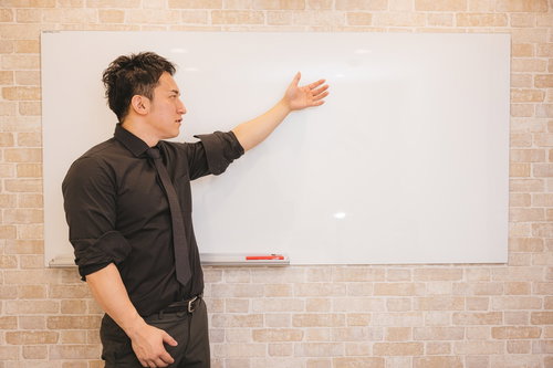 ホワイトボードに説明する経営者の左腕とジェスチャー