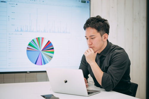 グラフデータを見ながら今後の経営方針について考える社長