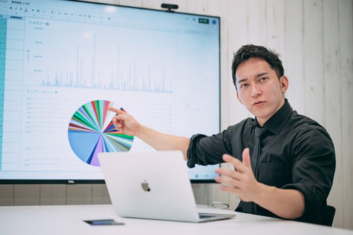 モニターに出力された円グラフを見てディスカッションする経営者の男性