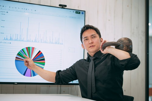 ケトルベルを肩に担ぎながらプレゼンするビジネスマン