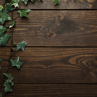 木目のテーブル上に置かれた緑の蔦の葉と白いコピースペースの写真