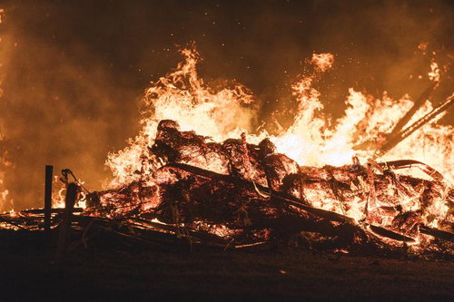 炎が天高く上がる松明あかしの大松明、福島県須賀川市の伝統火祭り