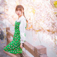 河川に咲く満開のしだれ桜に包まれる緑のワンピースの女性の写真