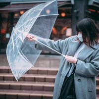 前方からの激しい雨にビニール傘で立ち向かう通勤中の女性の写真