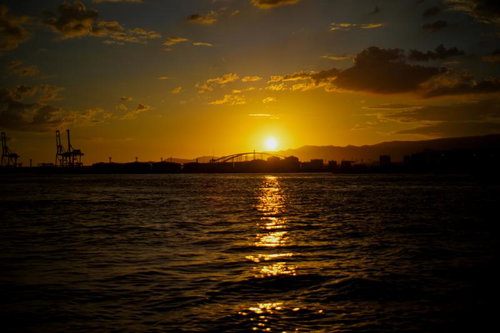 夕焼けに染まる工業港の景観と大型クレーン群