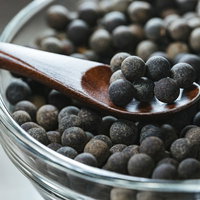 ガラスボウルの乾燥タピオカを木製スプーンですくった状態の写真