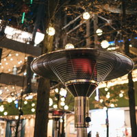 夜のテラスを照らす傘型屋外ストーブヒーターの写真