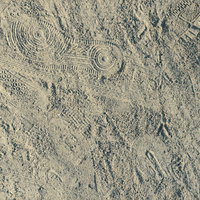 砂地の地面に付いた無数の足跡と靴跡のテクスチャーの写真