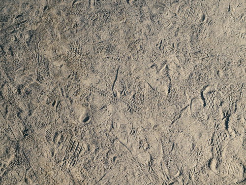 乾いた地面一面に残る靴跡とテクスチャーの質感