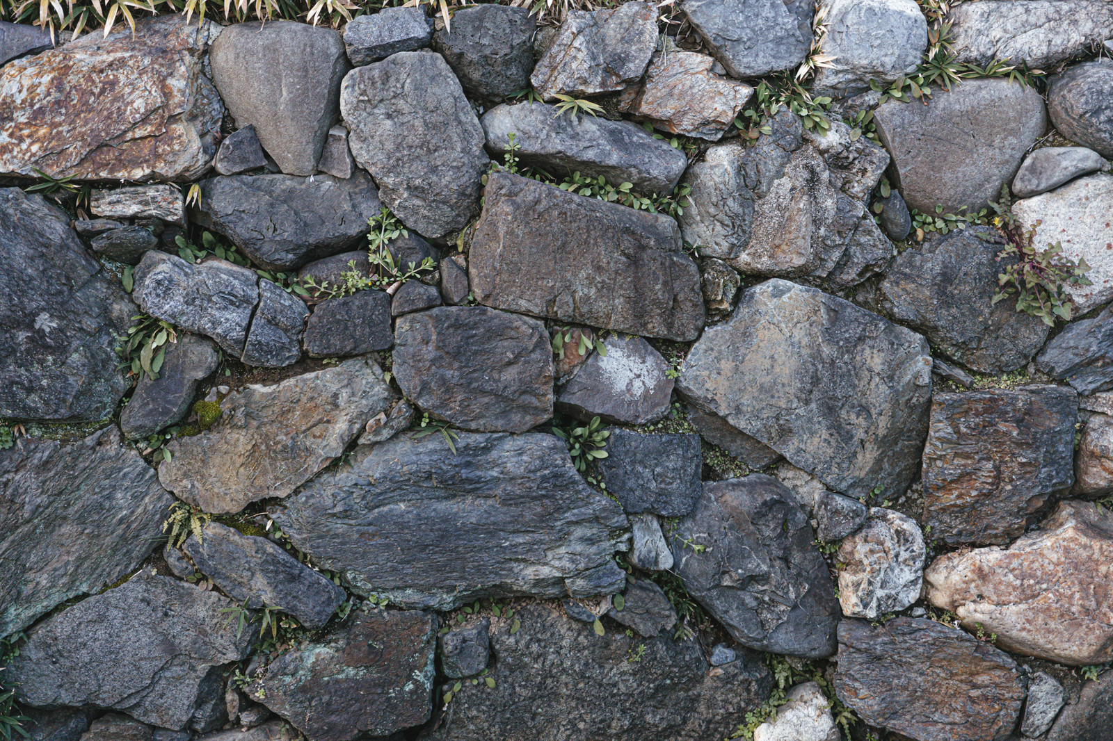 大小の自然石が積み重ねられた石垣のテクスチャ
