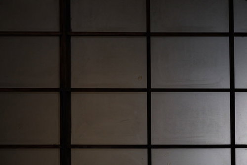 薄暗い室内に配置された格子状の障子と和風建築