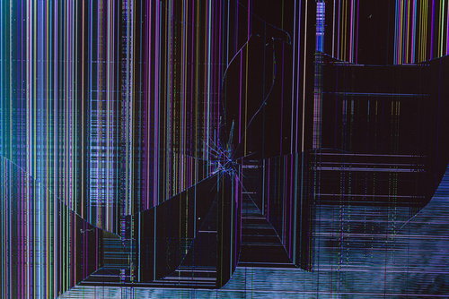 液晶モニターの破損で表示された青紫の縦縞ドット模様