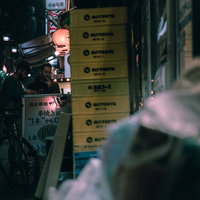 深夜の下町の飲み屋街の路地裏：提灯と暖簾が灯る居酒屋の風情の写真