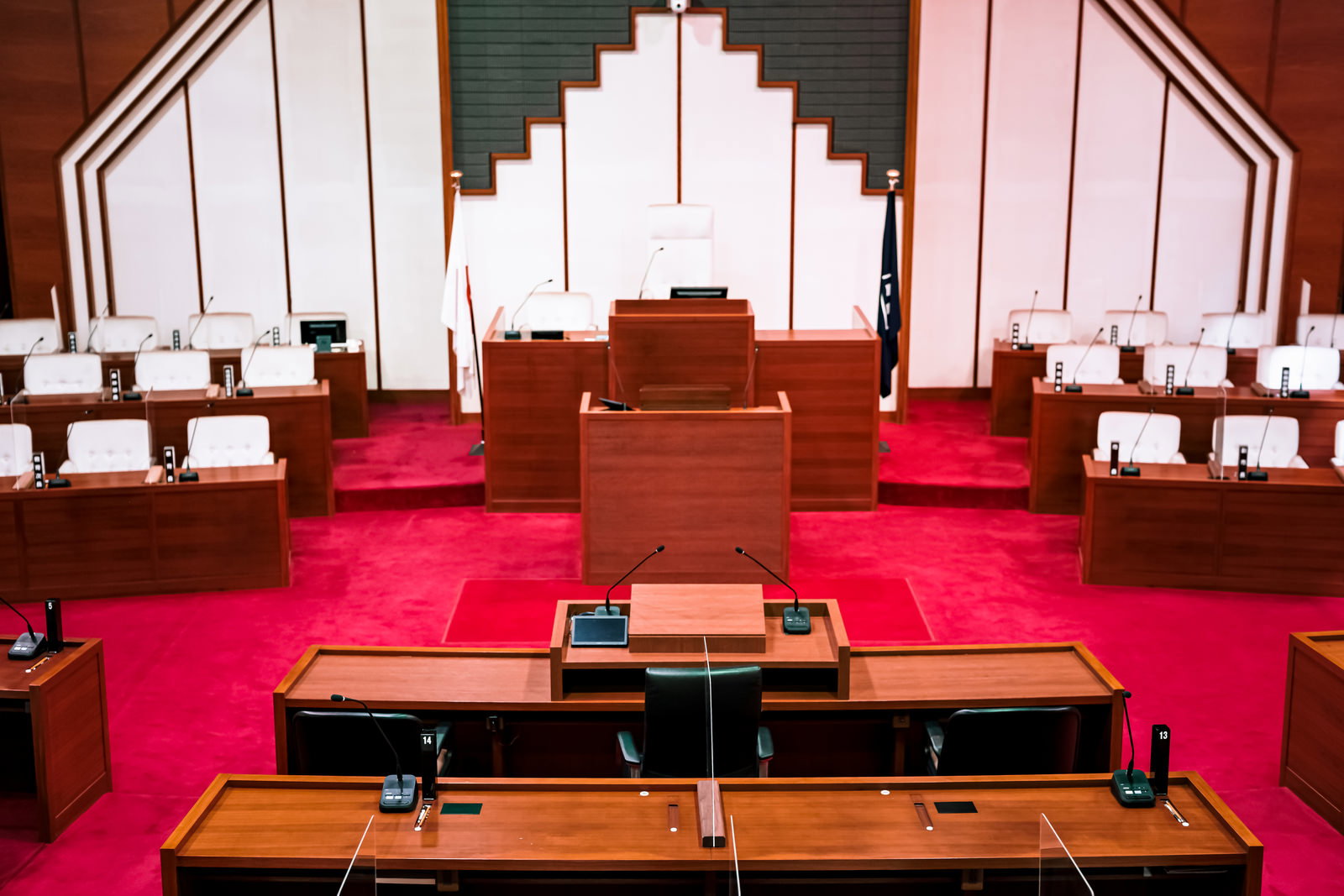 赤い絨毯の議場で、中央演壇と左右の議員席が配置された風景