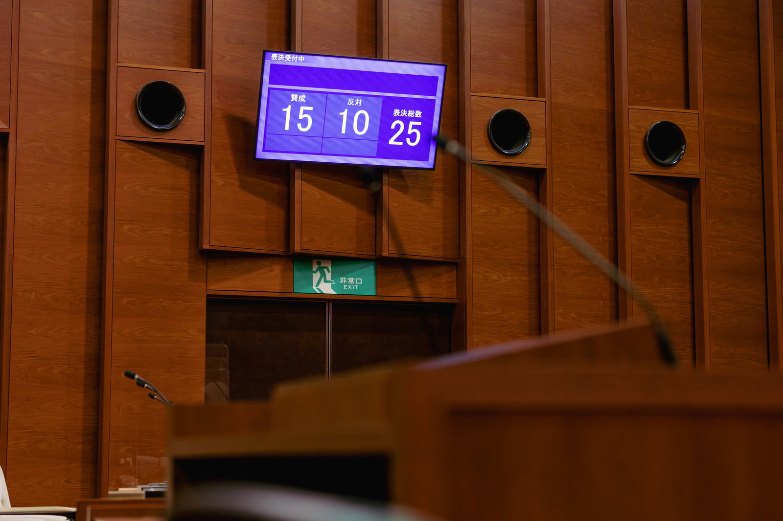 議会の投票結果を表示する電光掲示板。賛成15、反対10、議決数25と表示されている