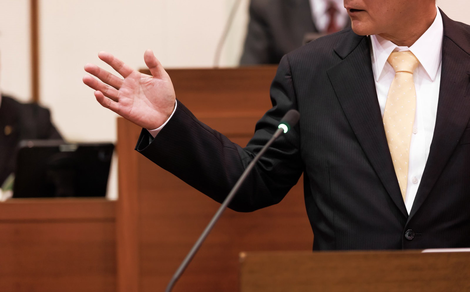 議場で手振りを交えながら発言する黒いスーツの男性議員