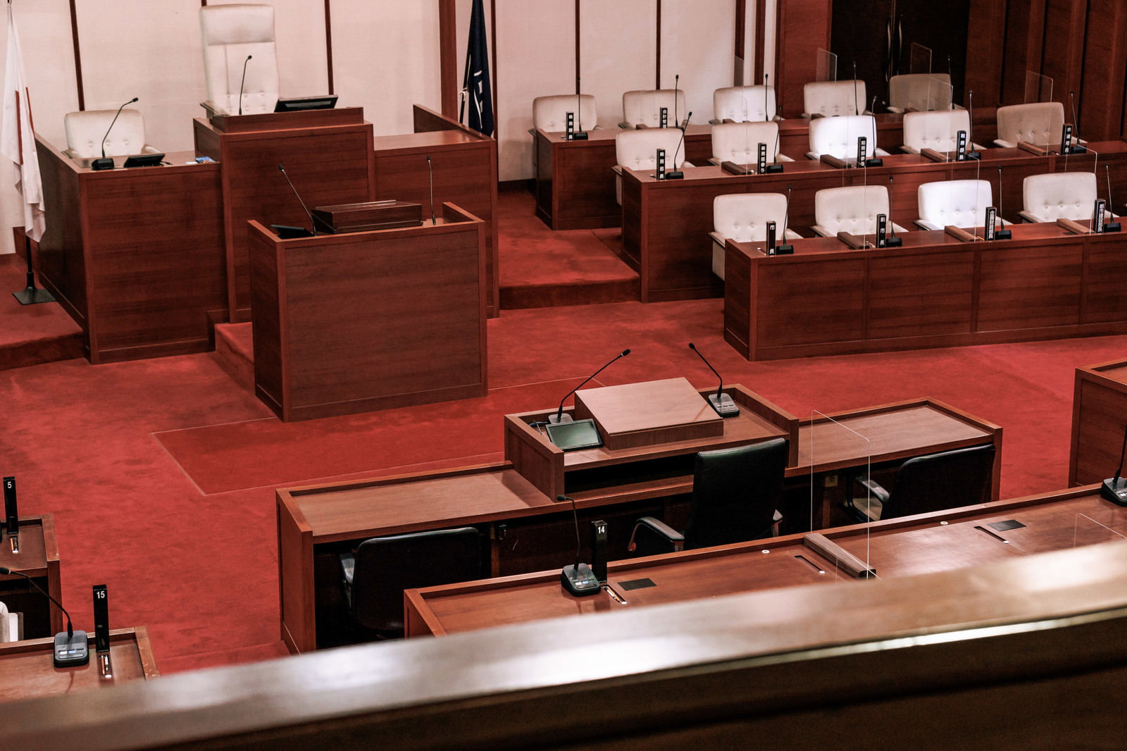 赤いカーペットの議場に複数の木製デスクと白い議員席が配置された議場内の風景