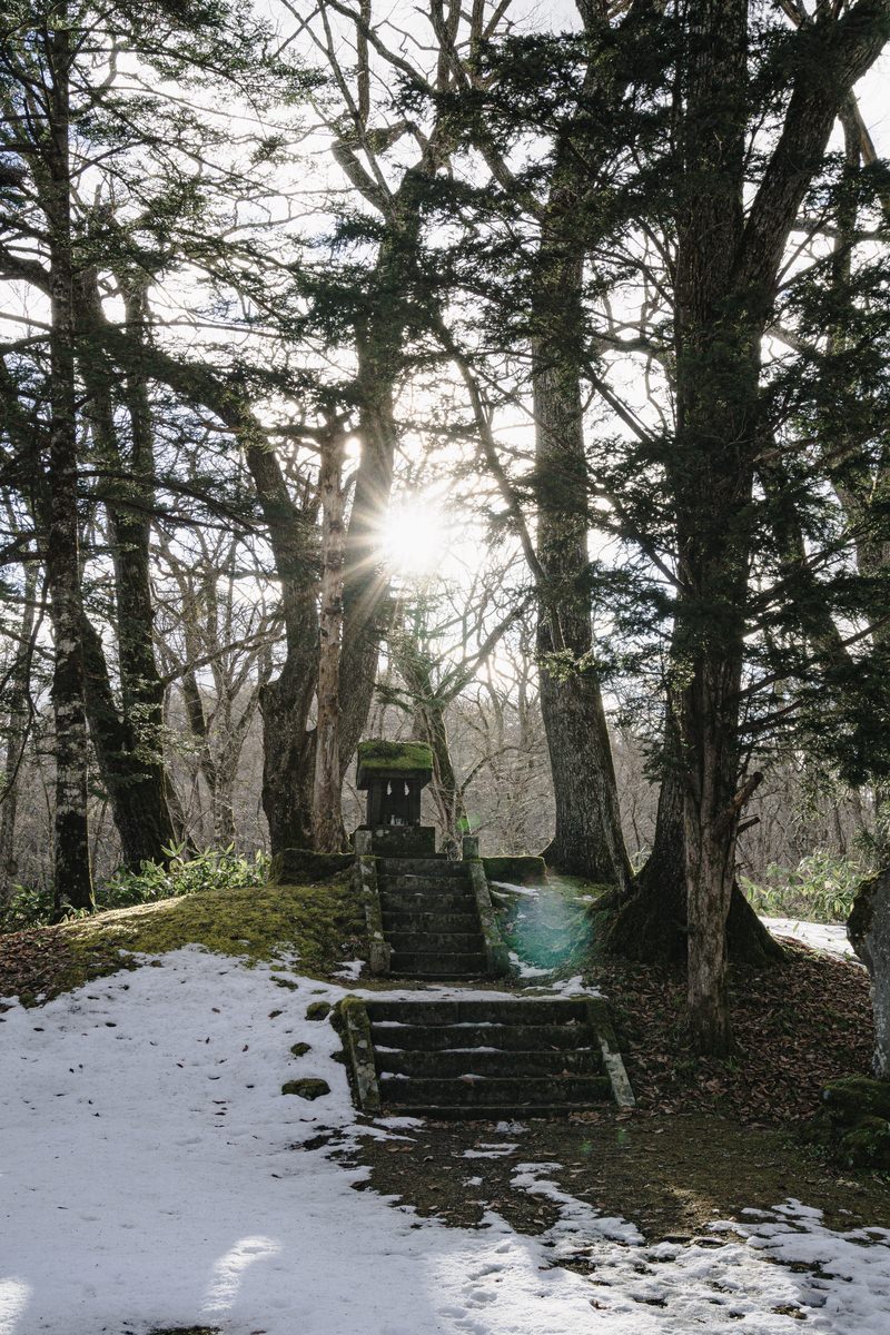 雪の残る森の中で太陽の光芒が差し込む一龕龍王祠