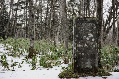 雪の残る戸隠神社奥社参道脇に建つ高妻山神鏡碑