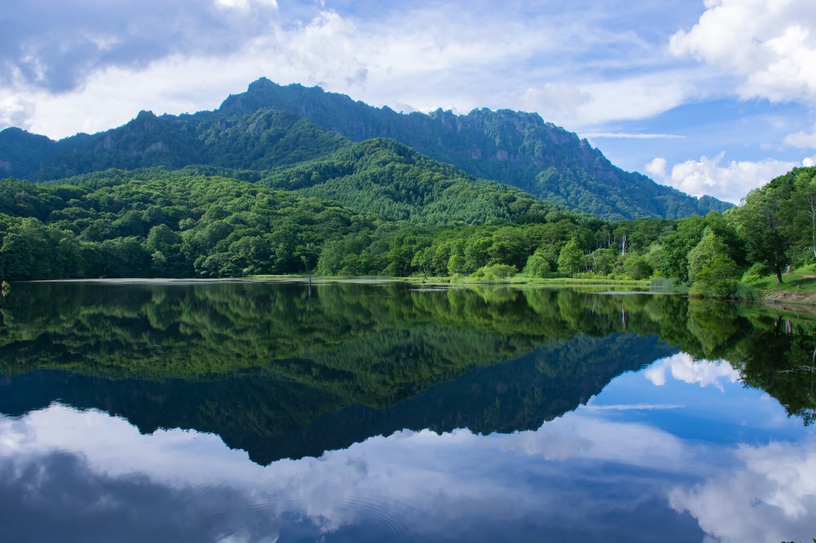 長野県戸隠の鏡池に空と山々が映り込む夏の風景