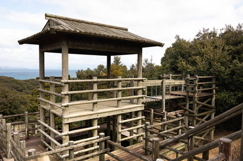 崎野自然公園の木製アスレチック遊具と展望台