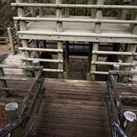 崎野自然公園の木製砦風アスレチック遊具で遊ぶ子どもたちの写真