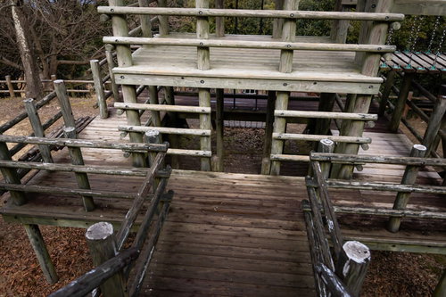 崎野自然公園の木製砦風アスレチック遊具で遊ぶ子どもたち