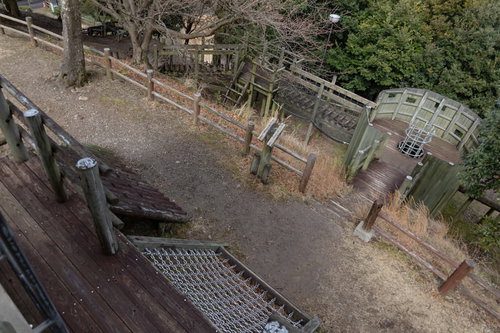 崎野自然公園の本格的な木製アスレチック場