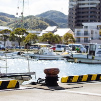 大村湾漁協前の漁港に停泊する白い漁船と穏やかな海の風景の写真