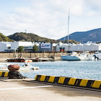 大村湾漁協組合前の海に停泊する漁船と緑の山々の写真