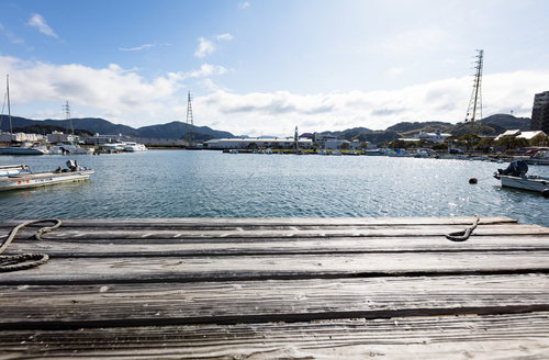 大村湾漁協組合の漁港に停泊する漁船と木製桟橋