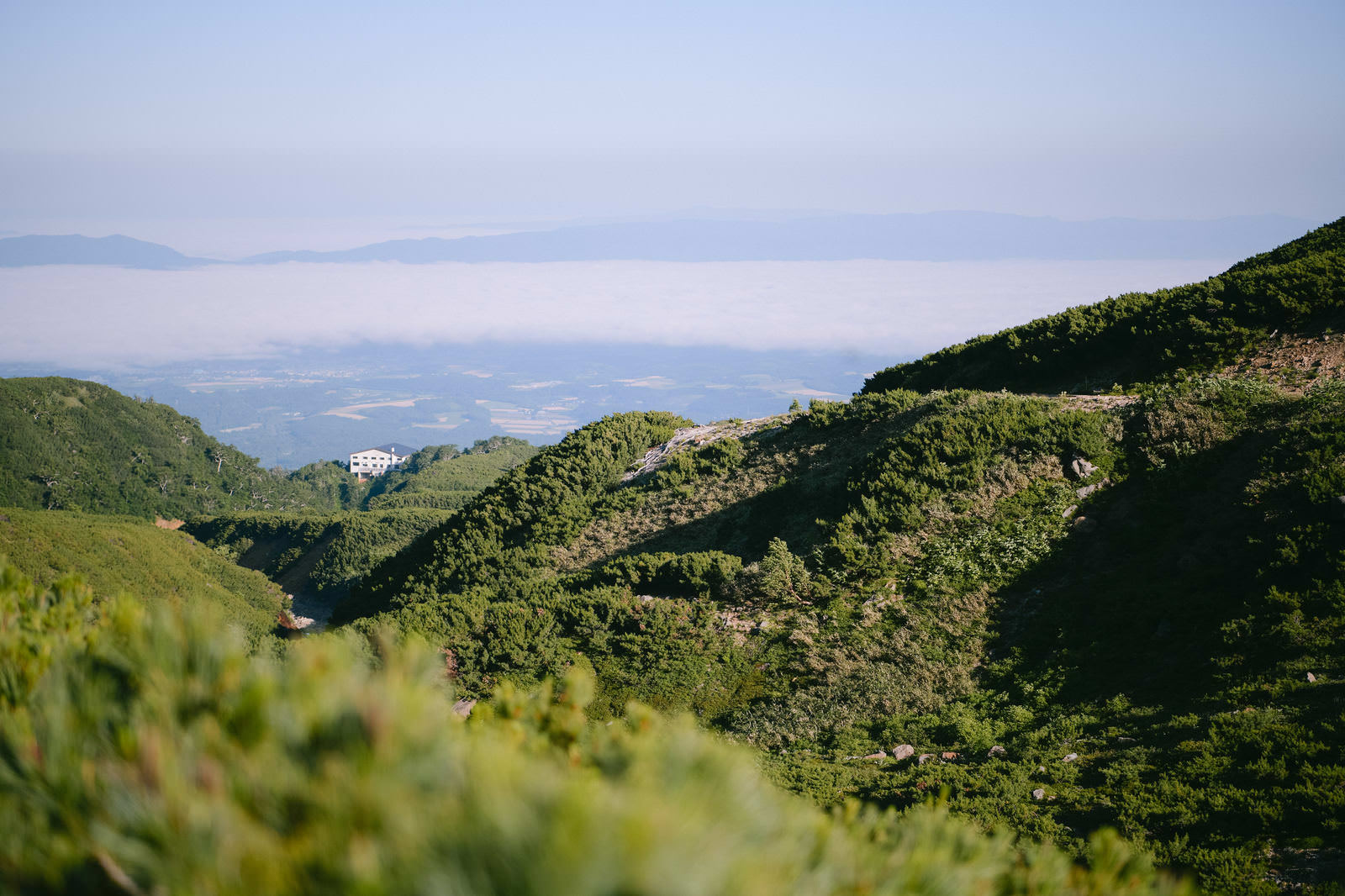 緑の山々に囲まれた十勝岳温泉の遠景と雲がかかった空